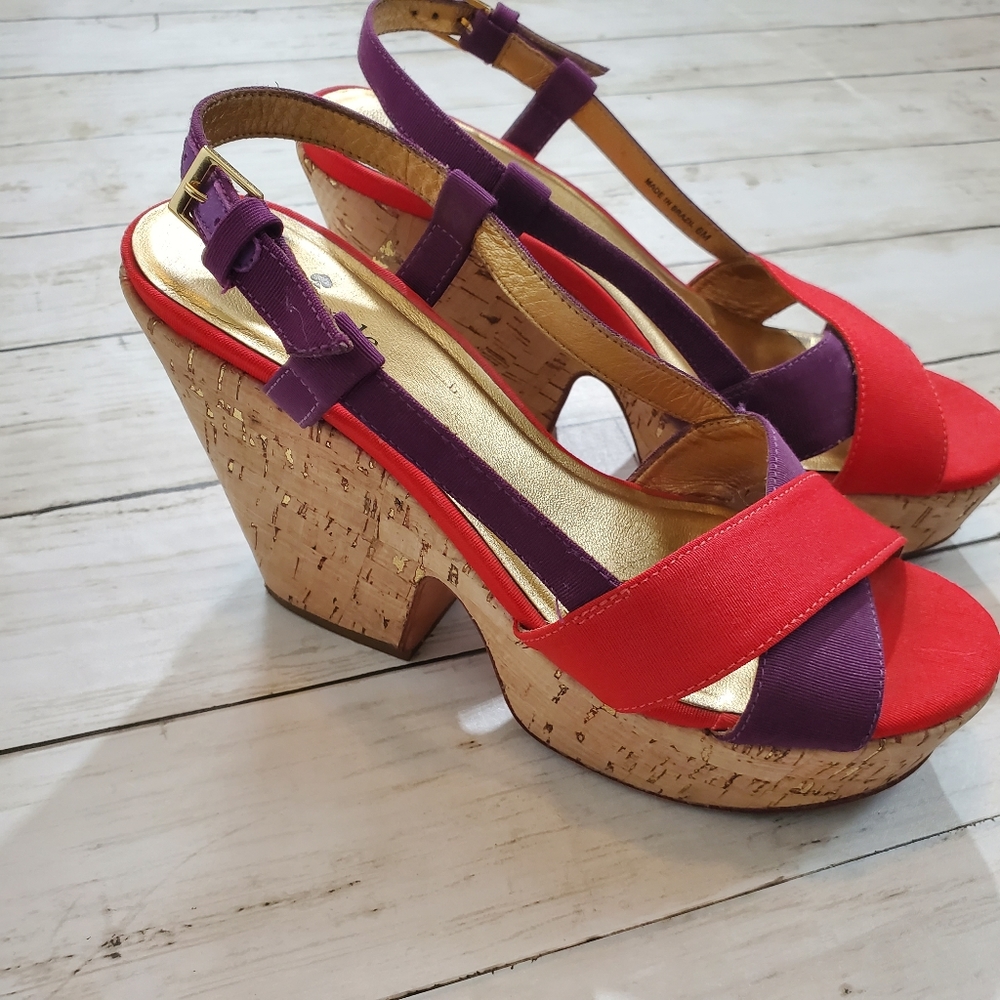 Kate spade Penny cork wedges slingback red‎ purple canvas straps size 6